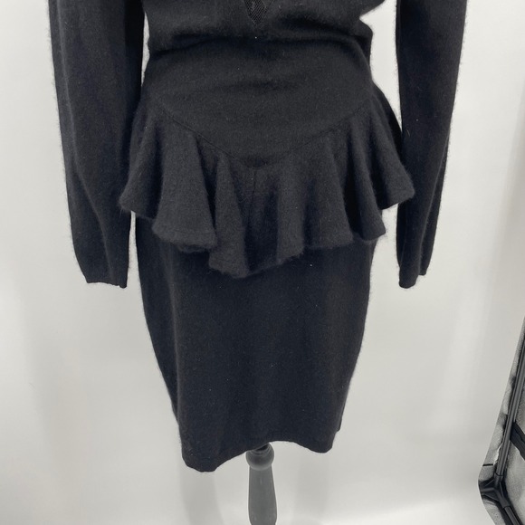 Vintage Ambria Black Long Sleeve Peplum Sweater Dress 10M Lambswool Angora Blend - Picture 5 of 12
